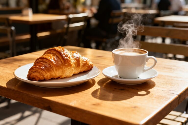 coffee,and,croissant,on,an,outdoor,cafe,table